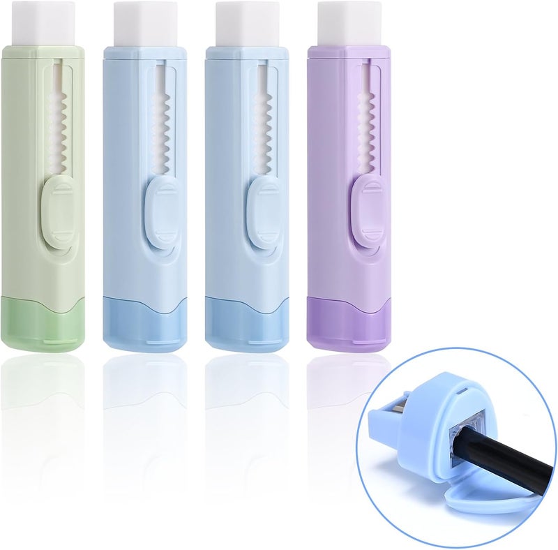 MG 4Pcs Sliding Retractable Pencil Erasers with Sharpener, Cute Pastel Colored Soft Rubber Stick Mechanical Eraser Pen, Push-Pull Large White Erasers for Art Drawing School Stationery Supplies - Image 1